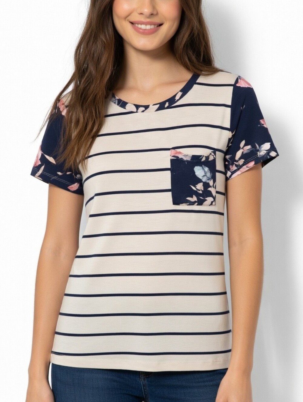 3/20 7th Ray Cream Tee with Black Stripes and Floral Trim